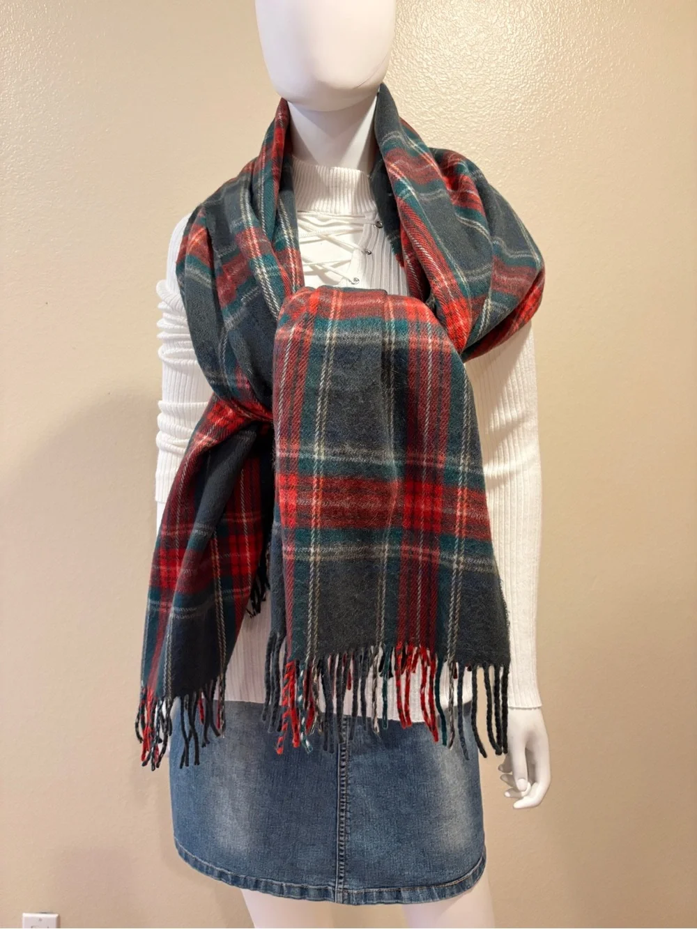 Blanket Scarf Shawl Forest Green Red Plaid Tartan Soft Cozy Cashmere Feel Fringe